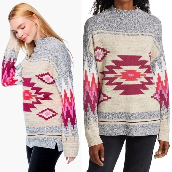NWT NIC + ZOE Aztec Southwestern Striped Knit Mock Turtleneck Pullover Sweater M - Picture 4 of 13